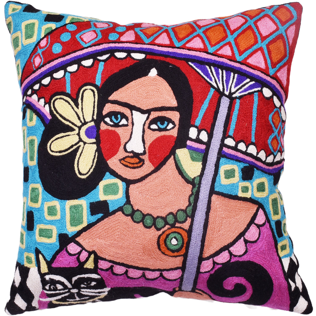 Frida Kahlo Inspired Pillow Cover Senorita Red Umbrella Mexican Art Chair Pillowcase Hispanic Couch Cushions Hand Embroidered Size - 18x18