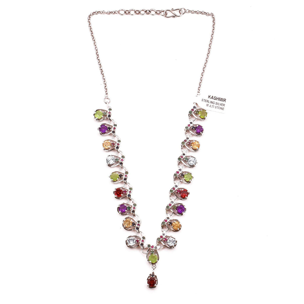 Garnet Peridot Amethyst Y Necklace Pendant Multi Collar 925 Sterling Silver Natural Gemstones Handcrafted - Kashmir Designs