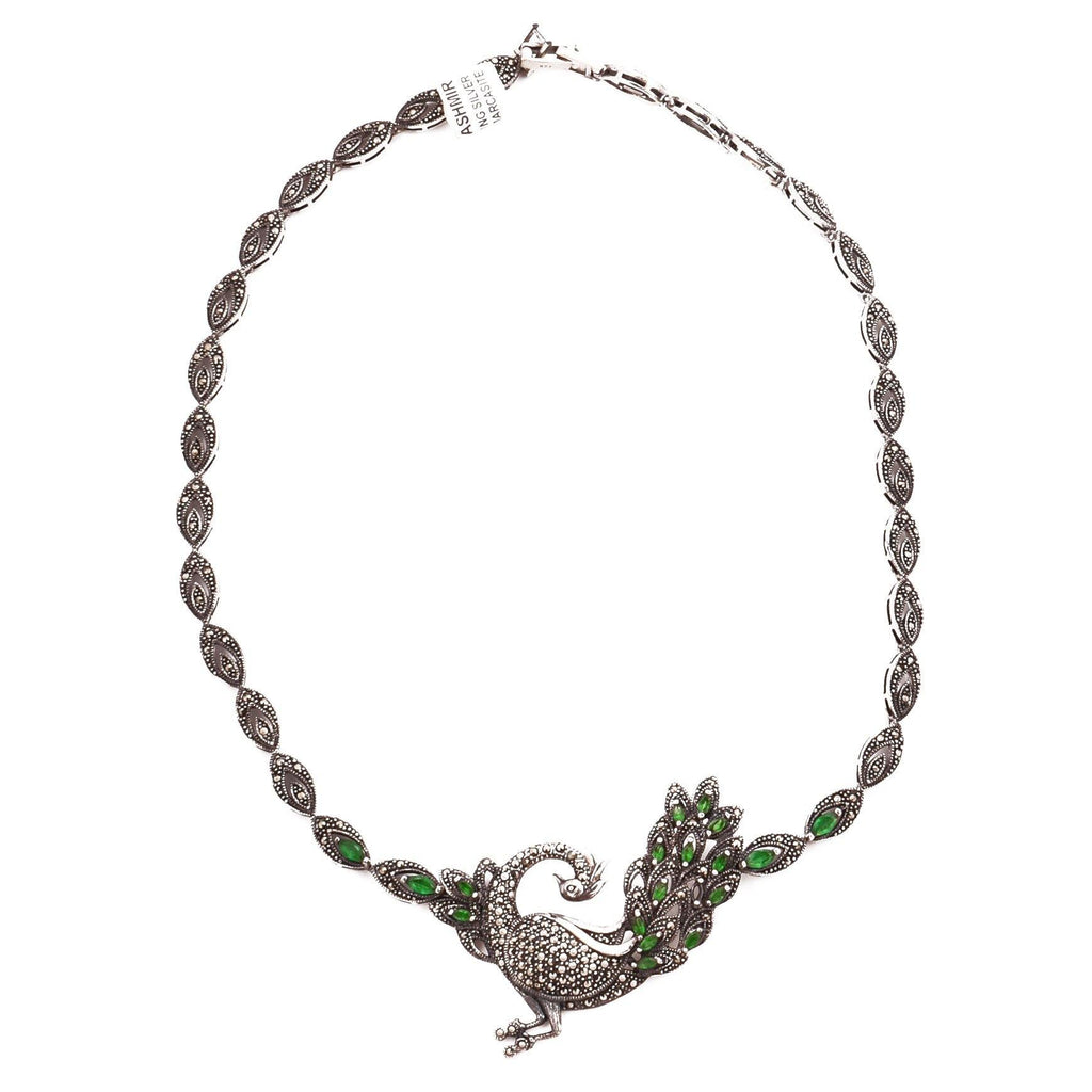 Green Quartz Peacock Necklace Marcasite Choker 925 Sterling Silver Natural Gemstones Handcrafted - Kashmir Designs