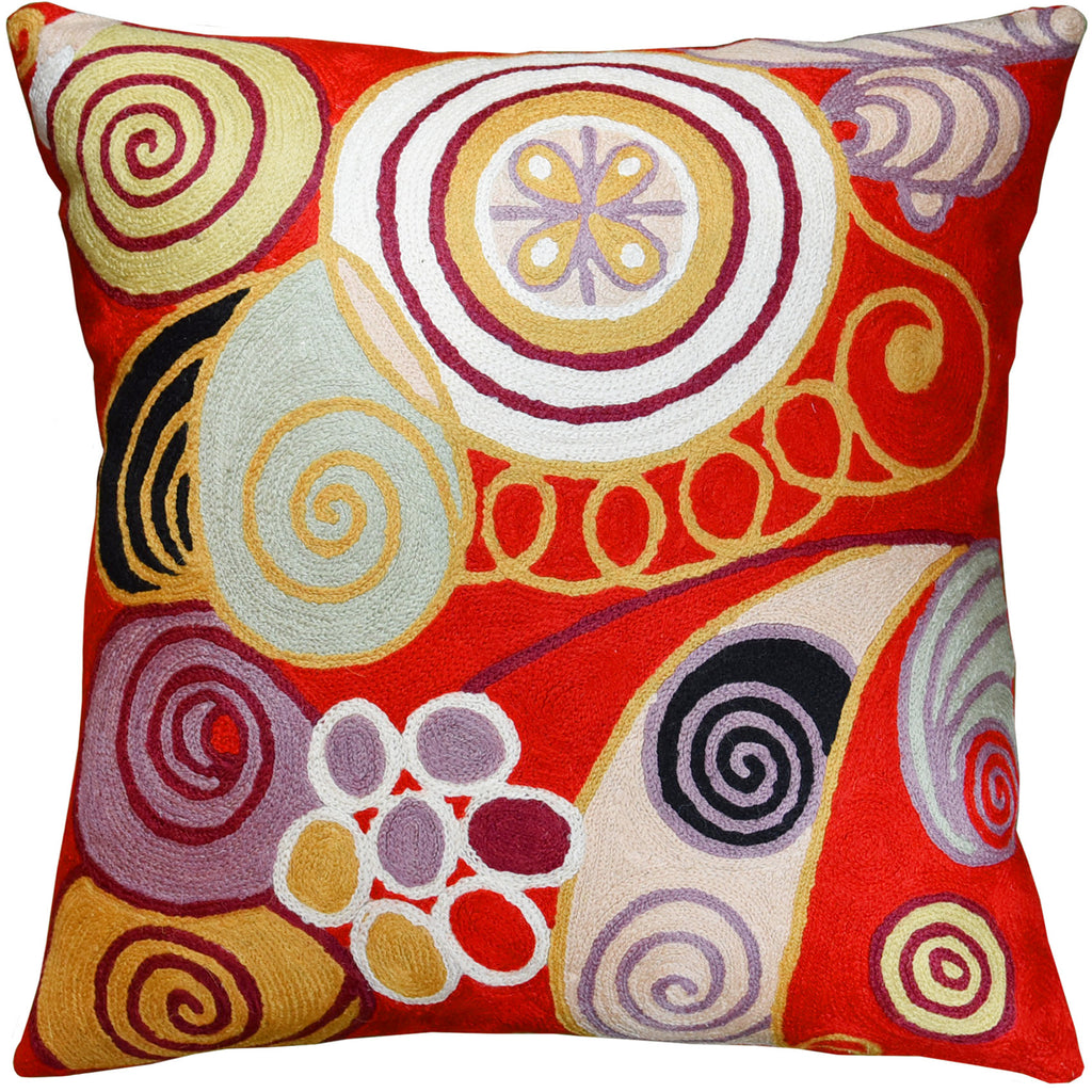 Hilma Al Klint Bright Red Decorative Pillow Cover Handembroidered Wool 18x18" - KashmirDesigns