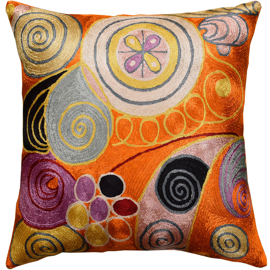 Hilma Al Klint Orange Rust Accent Pillow Cover Handembroidered Art Silk 18x18" - KashmirDesigns