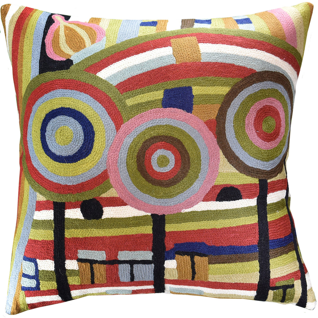 Hundertwasser Beloved Garden Decorative Pillow Cover Handembroidered Wool 18x18" - KashmirDesigns