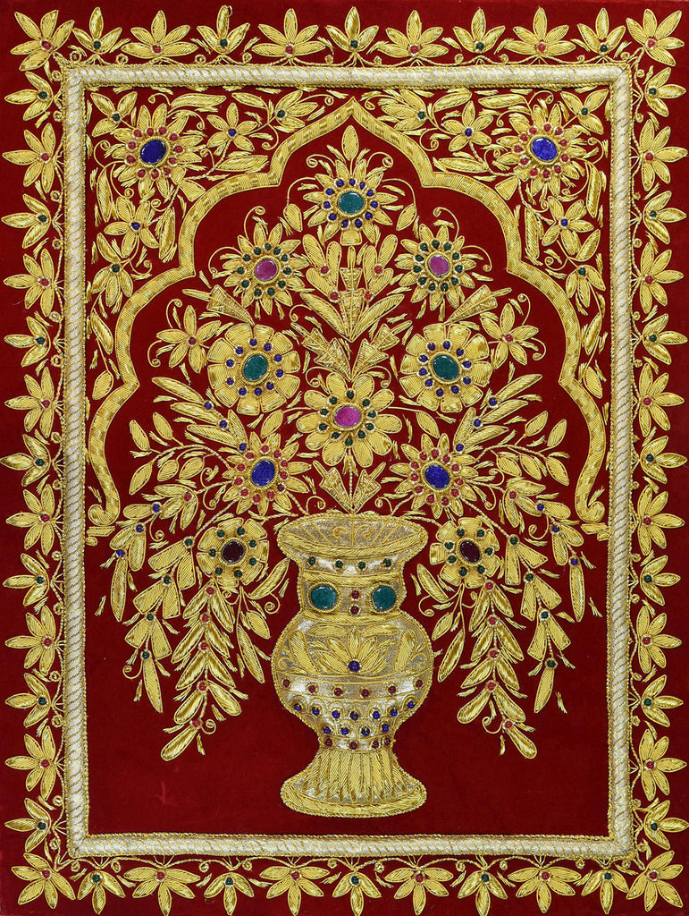 Jewel 1.5ftx2ft Tree of Life Vase Tapestry Wall Hanging Red Zardozi Handmade - KashmirDesigns