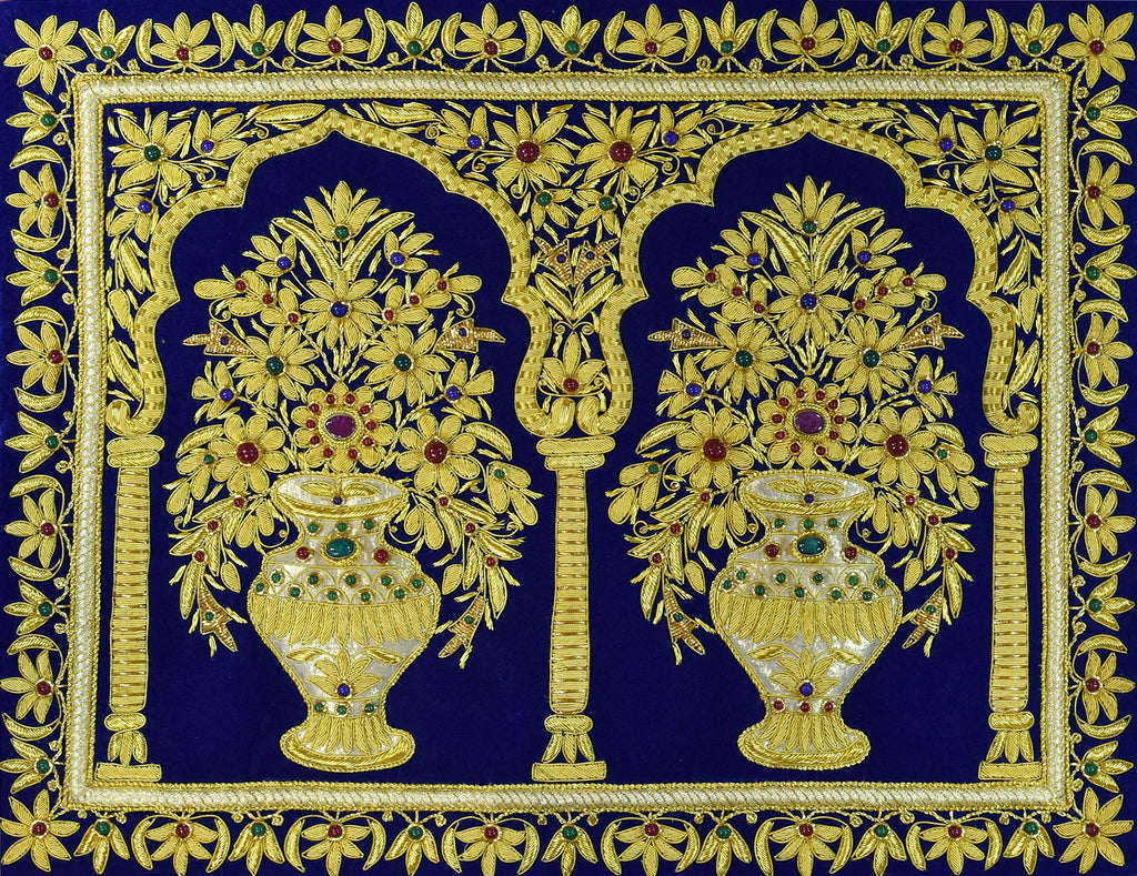 Jewel 1.5ftx2ft Two Floral Vase Art Tapestry Wall Hanging Blue Zardozi Handmade - KashmirDesigns
