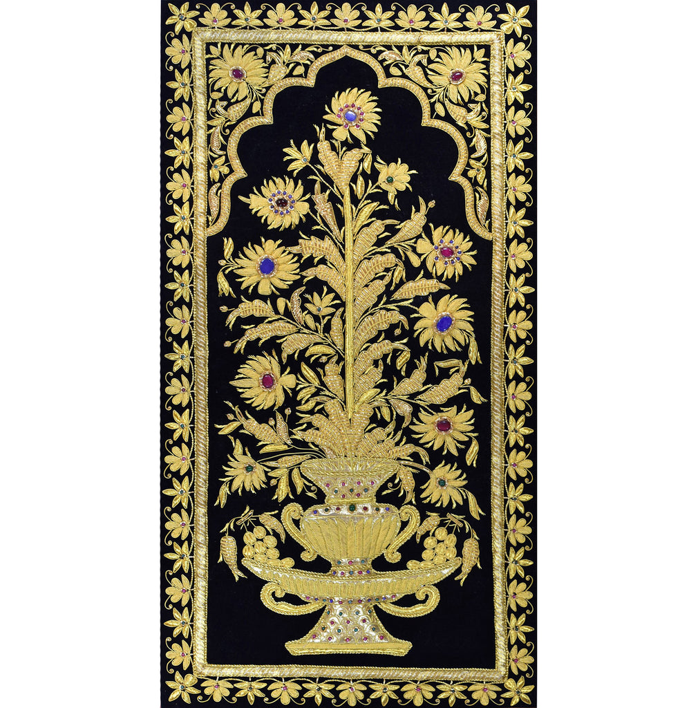 Jewel 1.5ftx3ft Floral Vase Panel  Tapestry Wall Hanging Black Zardozi Handmade - KashmirDesigns