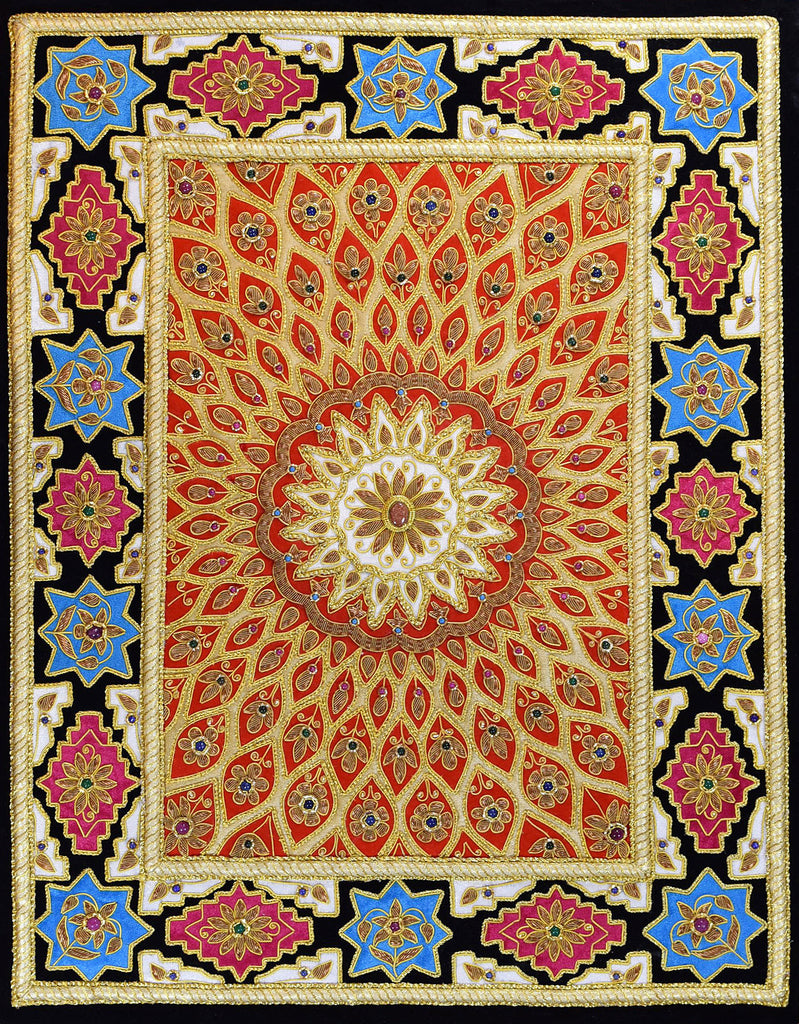 Jewel 20x26" Tapestry Wall Hanging Decorative Art Red Gold Zardozi Handmade - KashmirDesigns