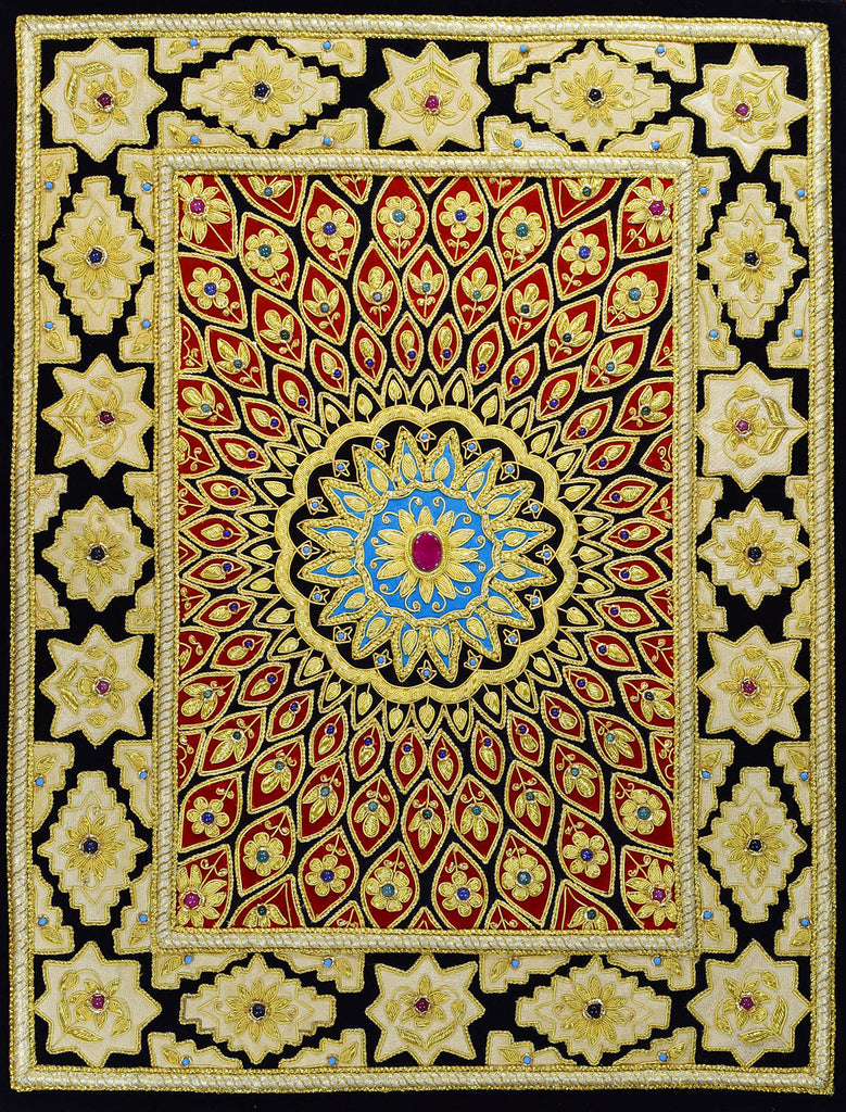 Jewel 20x26" Tapestry Wall Hanging Decorative Art Black Gold Zardozi Handmade - KashmirDesigns
