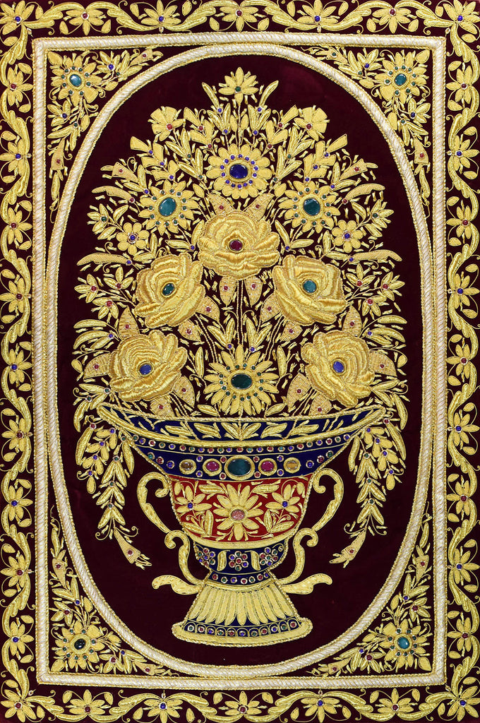 Jewel 2ftx3ft Floral Vase Art Tapestry Wall Hanging Red Gold Zardozi Handmade - KashmirDesigns