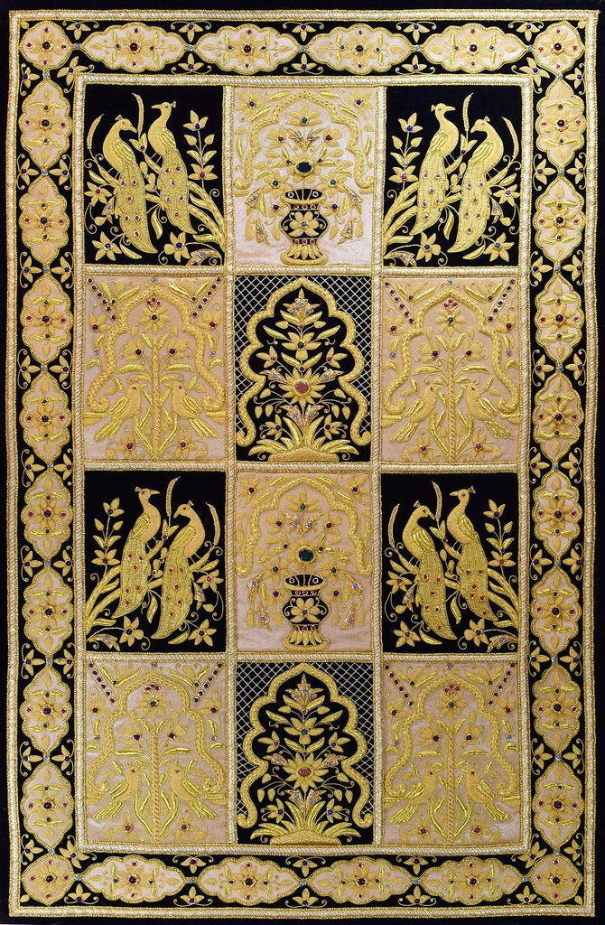 Jewel 32x49" Tapestry Wall Hanging Decorative Art Panel Gold Zardozi Handmade - KashmirDesigns