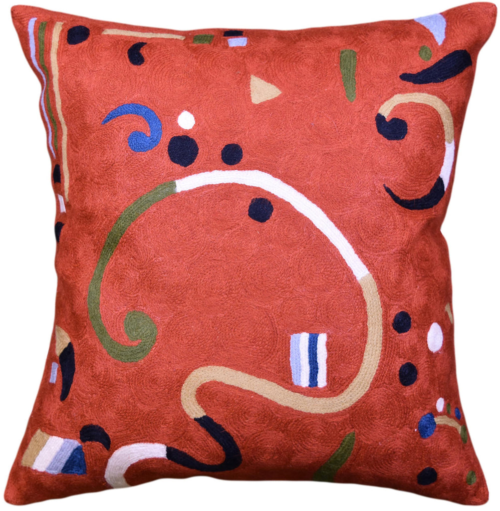 Kandinsky Orange Pillow Cover Ribbon Accent Pillows Hand Embroidered Wool 18x18" - KashmirDesigns