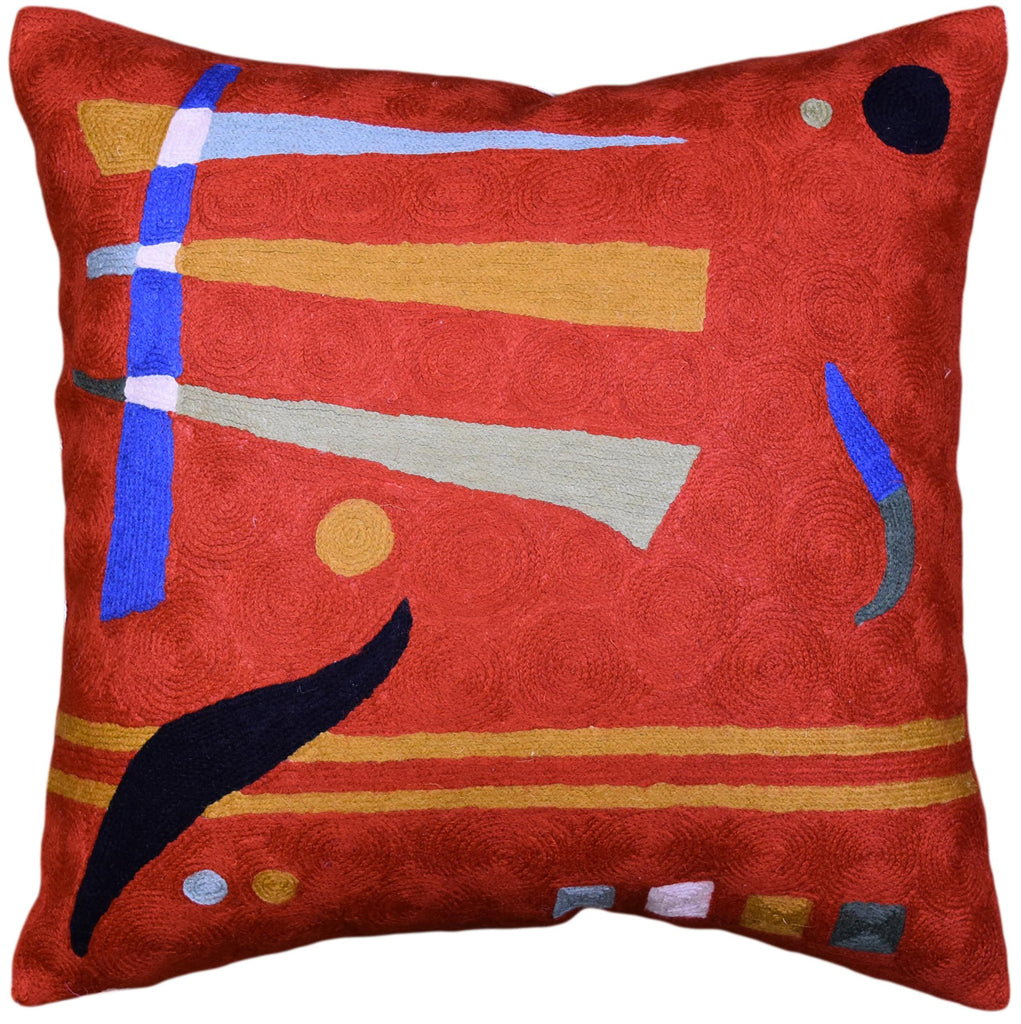Kandinsky Pillow Cover Needlepoint Orange Hand Embroidered Wool 18x18"