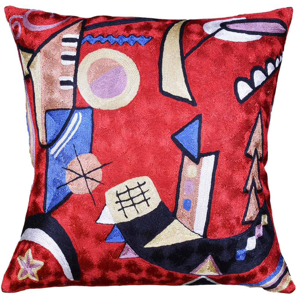 Kandinsky Red Decorative Pillow Cover Mit Und Gegen Maroon Accent Pillows Hand embroidered Art Silk 18x18" - KashmirDesigns