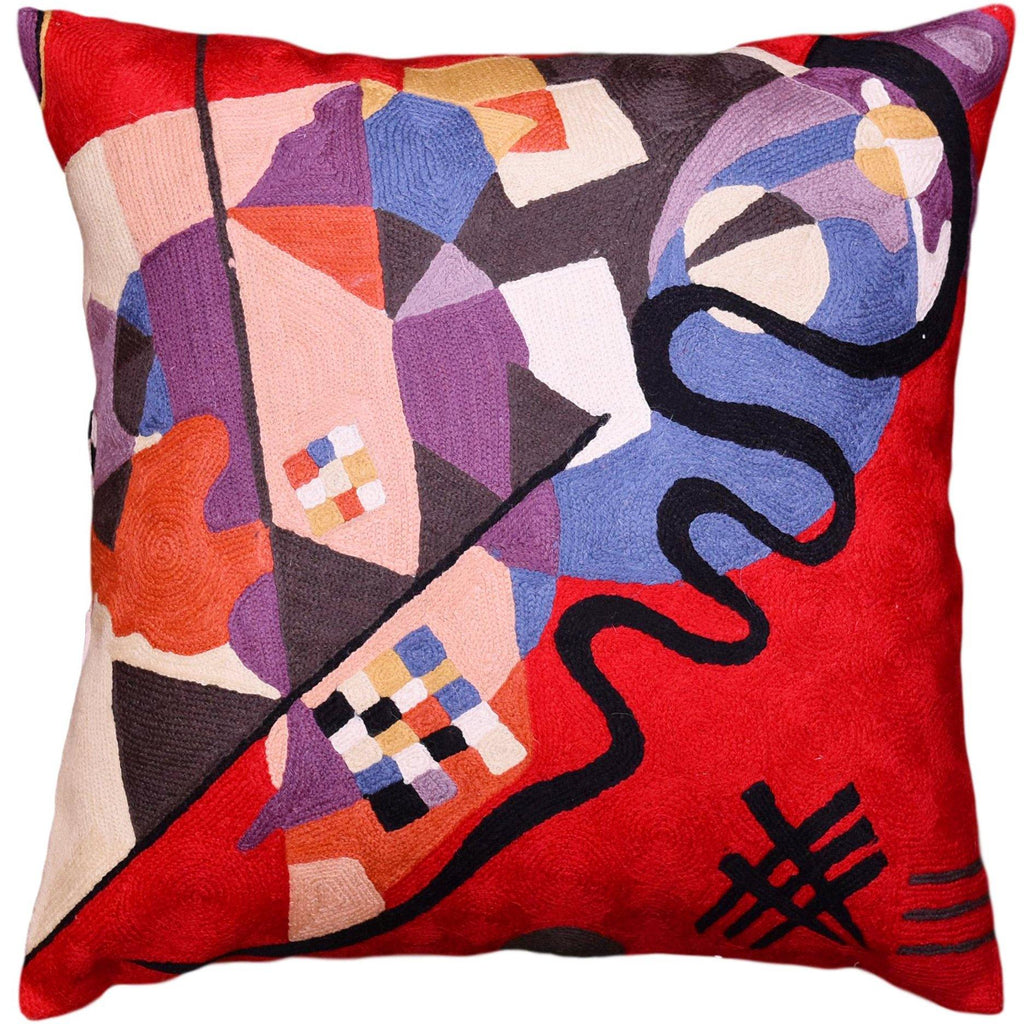 Kandinsky Bright Red Decorative Pillow Cover Swoosh HandEmbroidered Wool 18x18 - Kashmir Designs