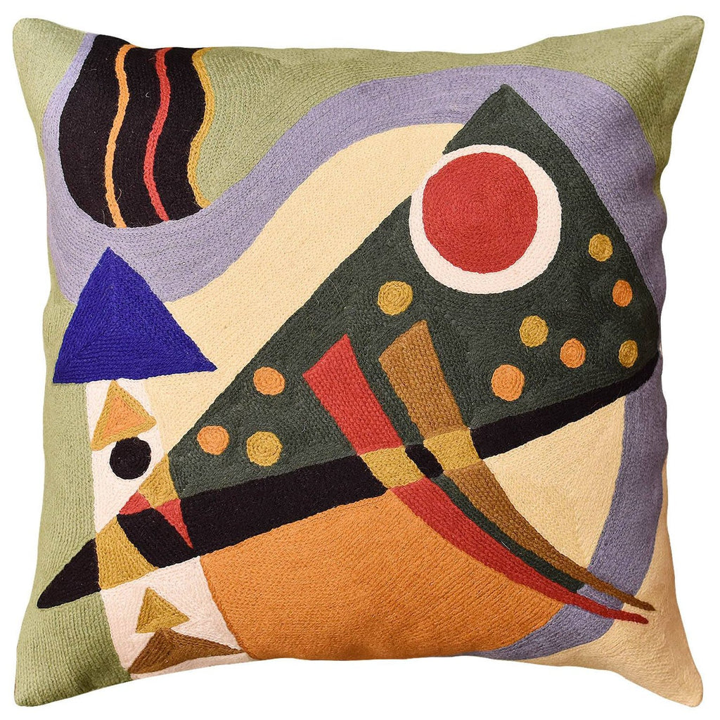 Kandinsky Green Decorative Pillow Cover Composition VII Abstract Cushions Hand Embroidered Wool 18x18" - KashmirDesigns