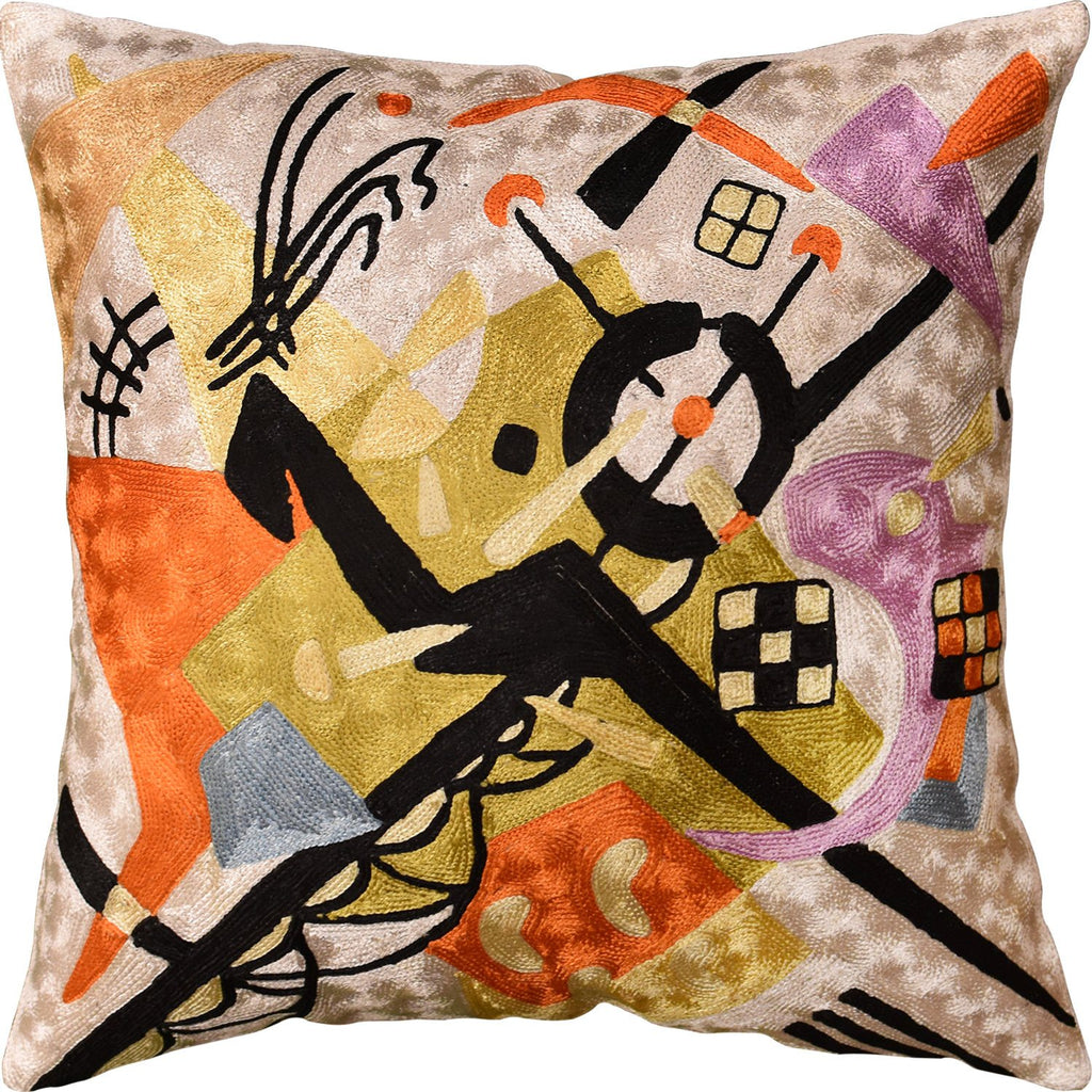Kandinsky Pillow Cover On White Decorative Pillows Hand Embroidered Art Silk 18x18" - KashmirDesigns