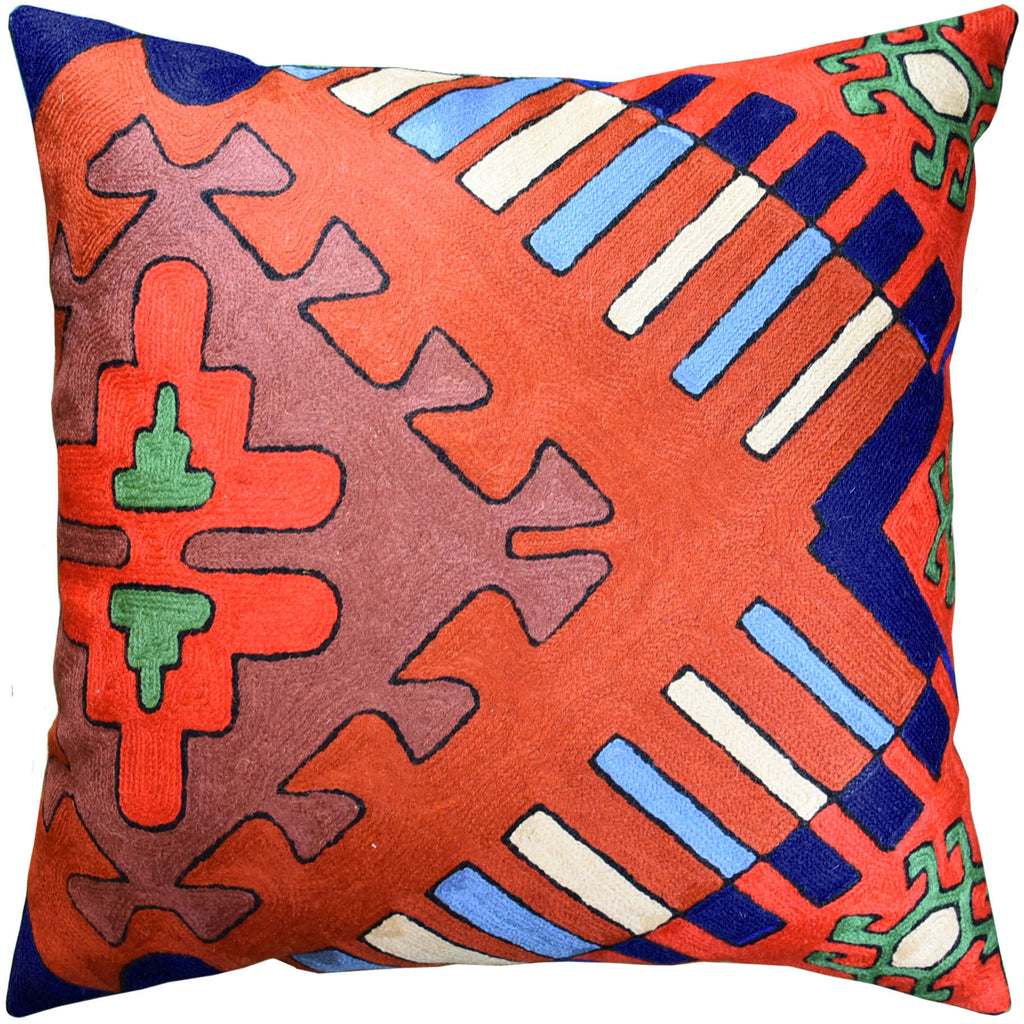 Tribal Dragon Aztec Southwestern Accent Pillow Cover Handembroidered Wool 18x18" - KashmirDesigns