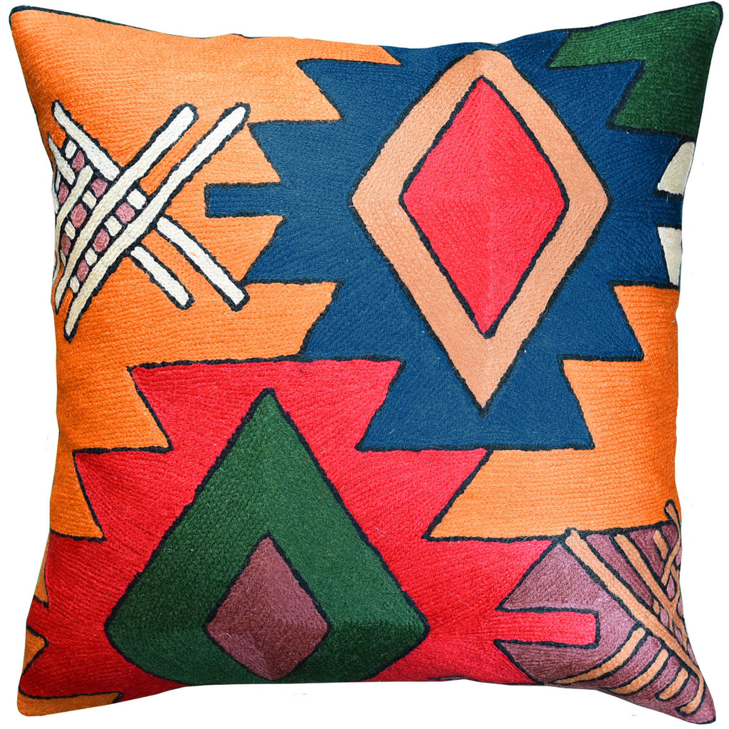 Tribal Star Dragon Southwestern Accent Pillow Cover Handembroidered Wool 18x18" - KashmirDesigns