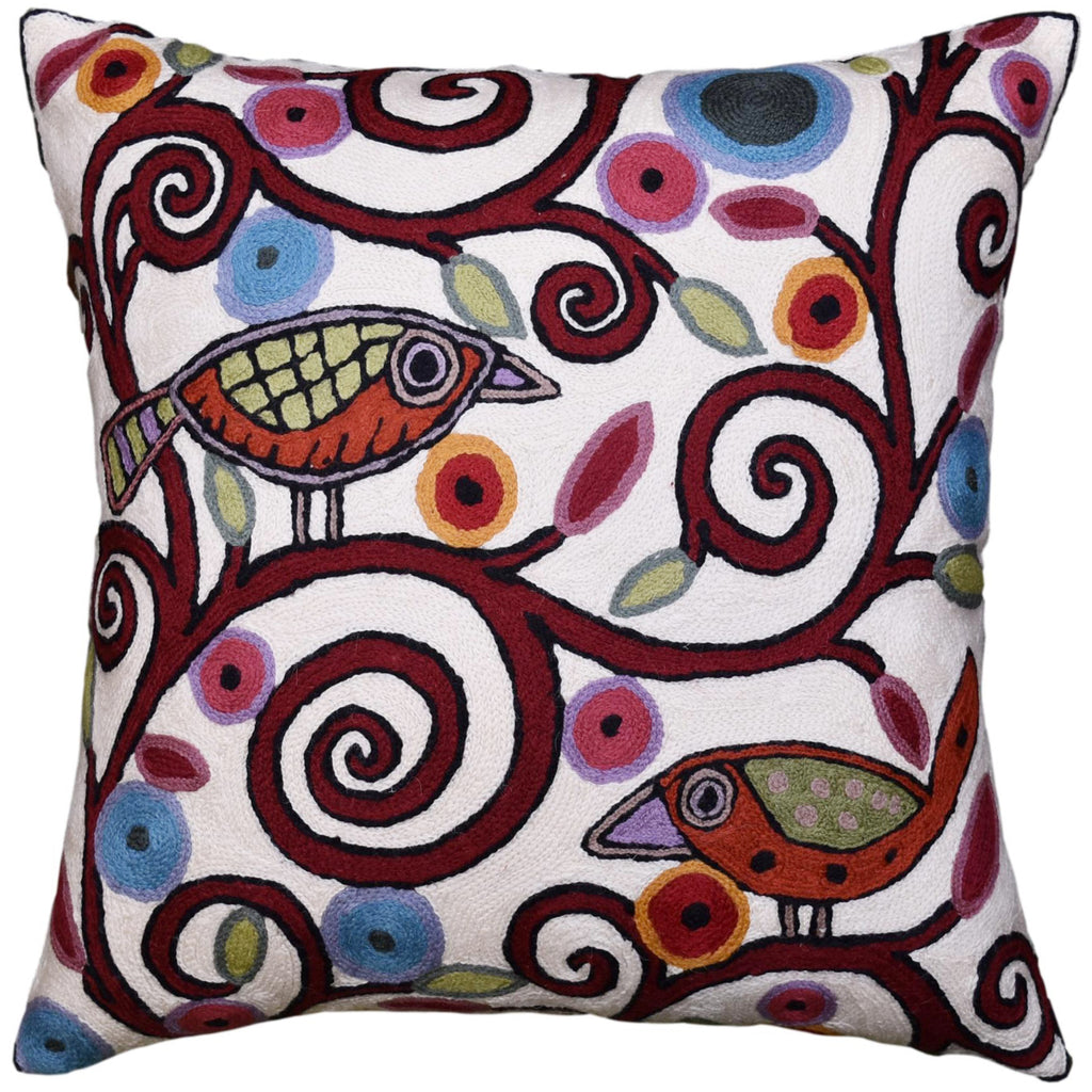 Klimt Ivory Pillow Cover Birds Tree of Life Cream Decorative Cushion Wool 18x18"