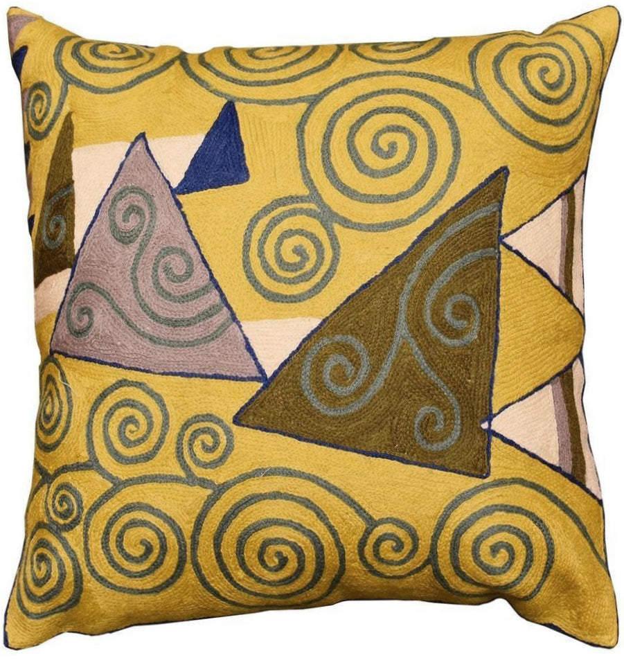 Klimt Yellow Gold Pillow Cover Art Nouveau Tree of Life Hand Embroidered Wool 18"x18"