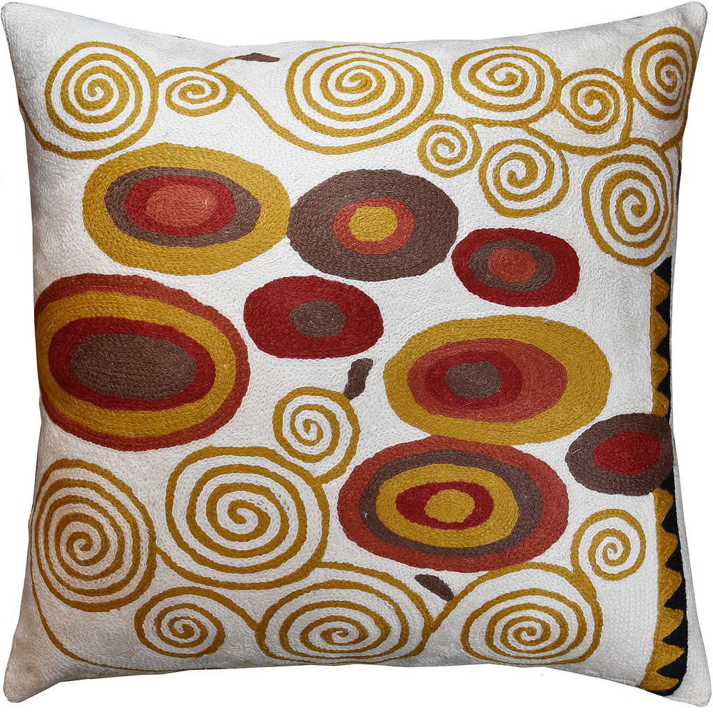 Klimt Ivory Cream Swirls Decorative Pillow Cover Handembroidered Wool 18x18" - KashmirDesigns