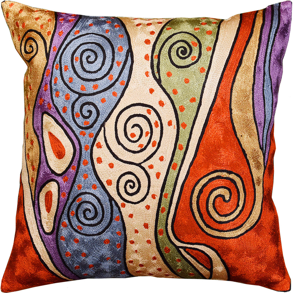 Klimt Rust Night Sky Decorative Pillow Cover Handembroidered Art Silk 18x18" - KashmirDesigns