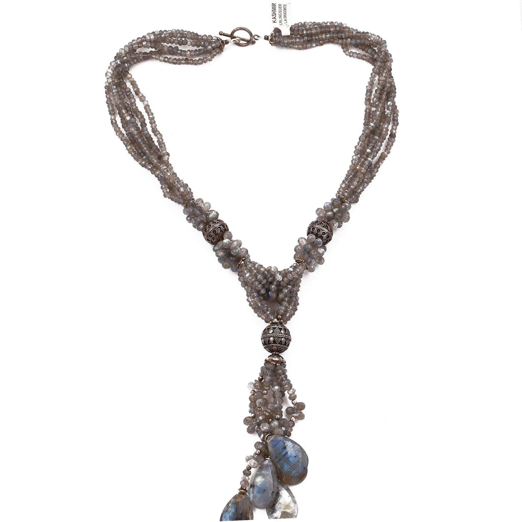 Gray Labradorite Silver Necklace Briolette Iridescent Cascade 925 Sterling Collar Handcrafted - Kashmir Designs