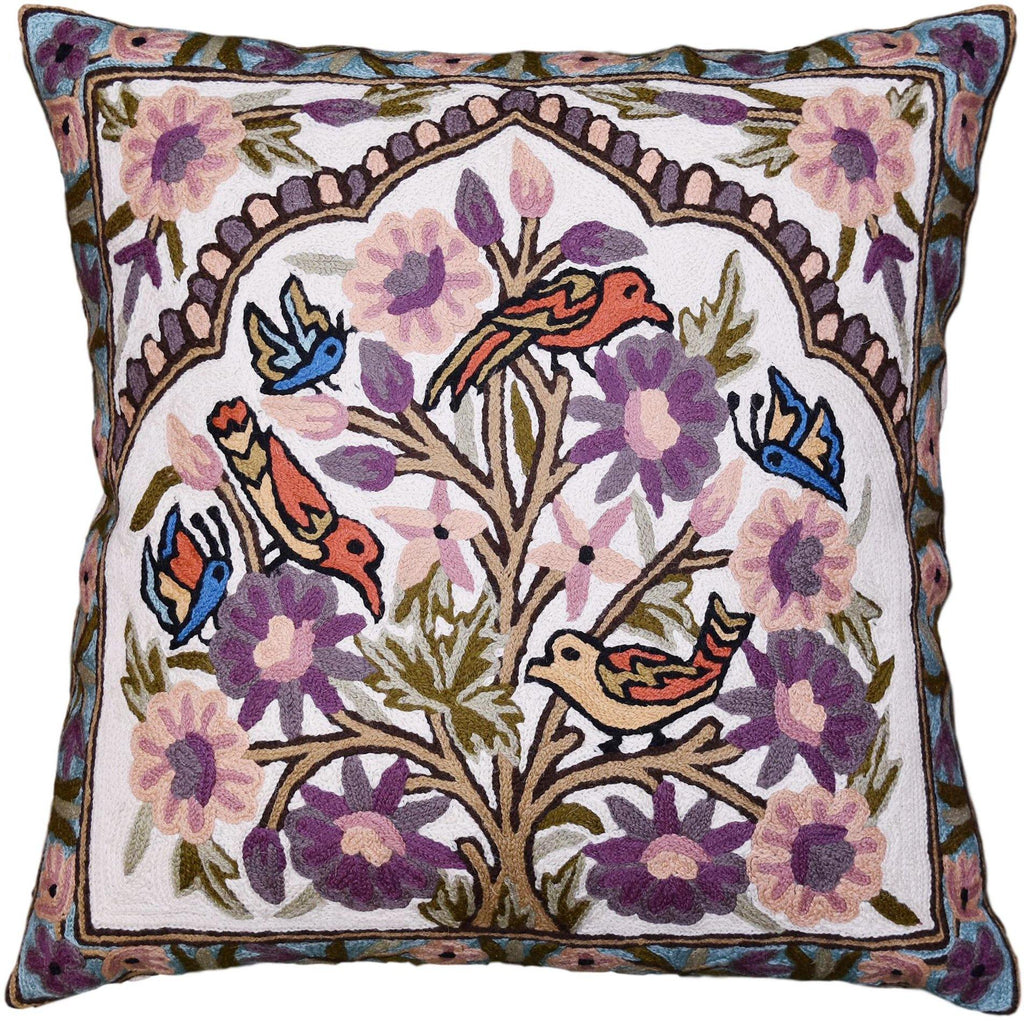 Lavender Bird & Butterflies Decorative Pillow Cover Tree of Life Handembroidered Wool 18x18 - Kashmir Designs