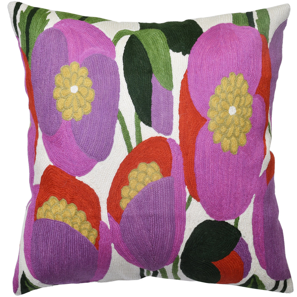 Lily Floral Pillow Cover | Pink Flower Pillowcase | Floral Outdoor Pillows |Suzani Accent Pillow | Flower Pillow | Floral Chair Cushion | Hand Embroidered Cushion Wool Size - 18x18