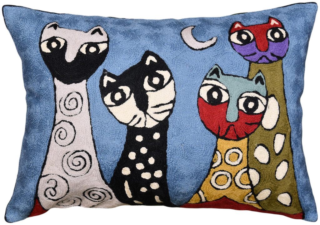 Lumbar Picasso Blue Cat Pillow Cover Quadruplets Hand Embroidered Wool 14x20 - KashmirDesigns