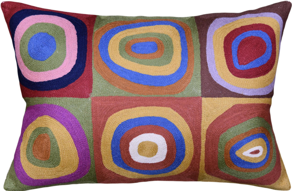 Lumbar Kandinsky Cushion Cover Farbstudie Quadrate Hand Embroidered Wool Size 14x20 - KashmirDesigns