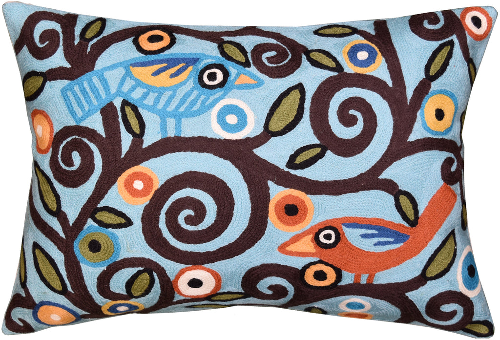 Lumbar Blue Tree Of Life Pillow Cover Birds Accent Pillows Hand Embroidered Wool 14x20" - KashmirDesigns