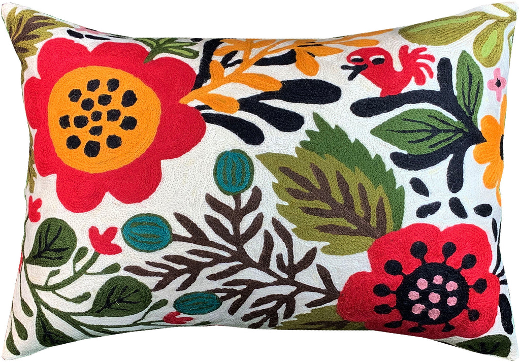 Lumbar Red Bird Floral Bloom Decorative Pillow Cover Handembroidered Wool 14x20" - KashmirDesigns