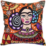 Frida Kahlo Inspired Pillow Cover Orange Mexican Art Pillowcase Eclectic Hispanic Throw Pillows Cushions Hand embroidered Wool Size - 18x18
