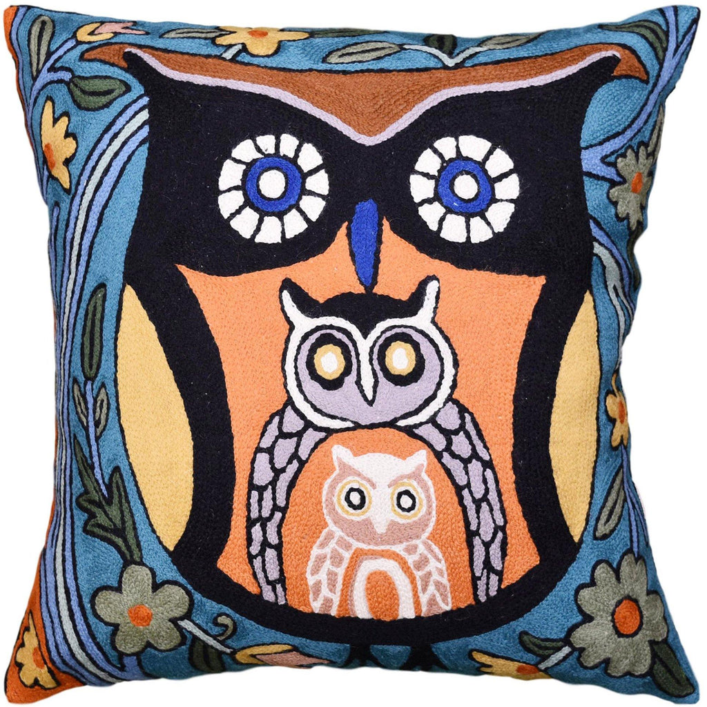 Owl Nestling Family Decorative Pillow Cover Whimsical Nestling Owls Handembroidered Wool 18x18 - Kashmir Designs