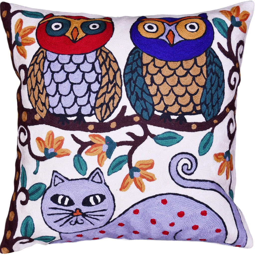 Two Owls on Tree Cat Decorative Pillow Cover Whimsical Handembroidered Wool 18x18 - Kashmir Designs