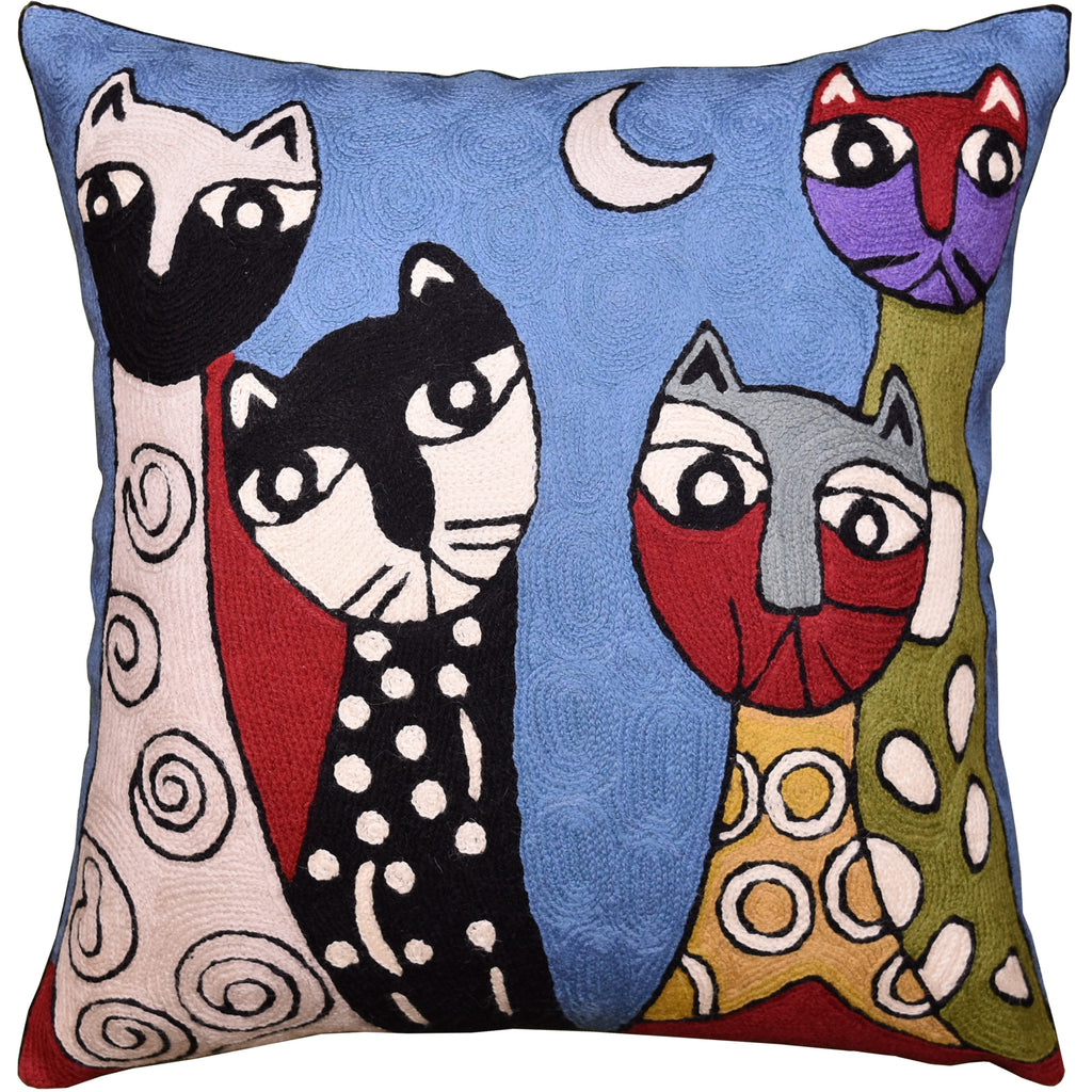Picasso Blue Cat Pillow Cover Quadruplets Whimsical Hand Embroidered Wool 18x18" - KashmirDesigns