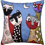 Picasso Blue Cat Pillow Cover Quadruplets Whimsical Hand Embroidered Wool 18x18