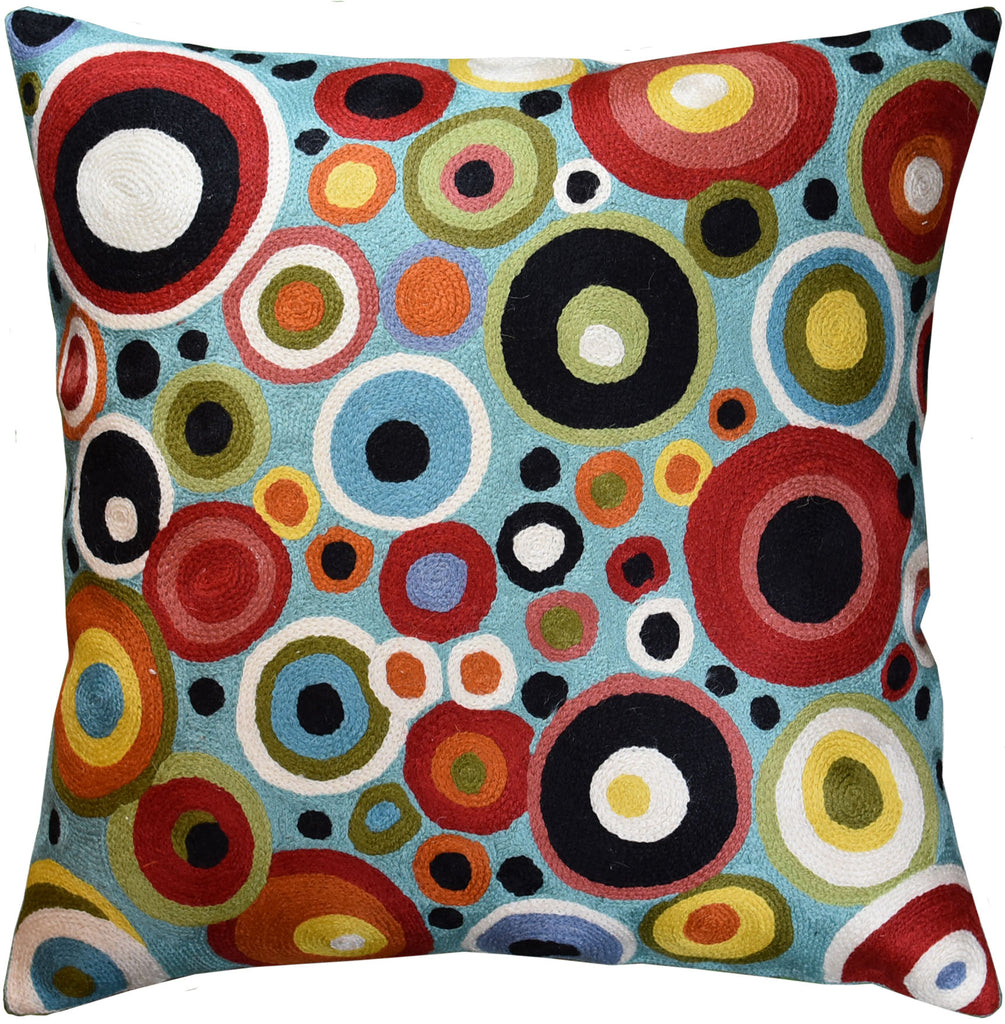 Polka Dots Bubbles Turquoise Decorative Pillow Cover Handembroidered Wool 18x18" - KashmirDesigns