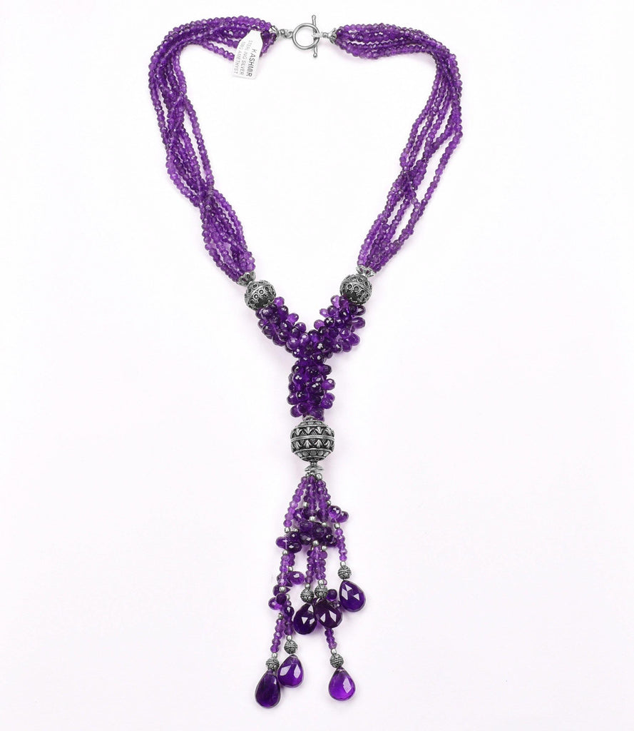 Purple Amethyst Y Necklace Violet Collar Black Onyx Cascade 925 Sterling Silver Natural Gemstones Handcrafted - Kashmir Designs