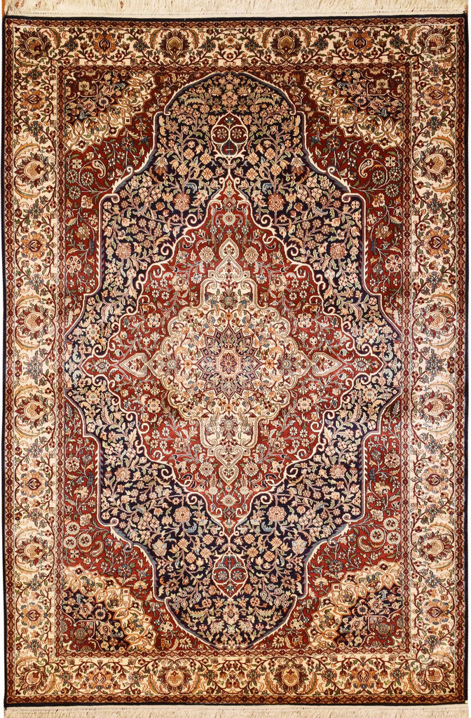 6'x4' Red Kashan Pure Silk Area Rug Carpet Medallion Oriental Hand Knotted - KashmirDesigns