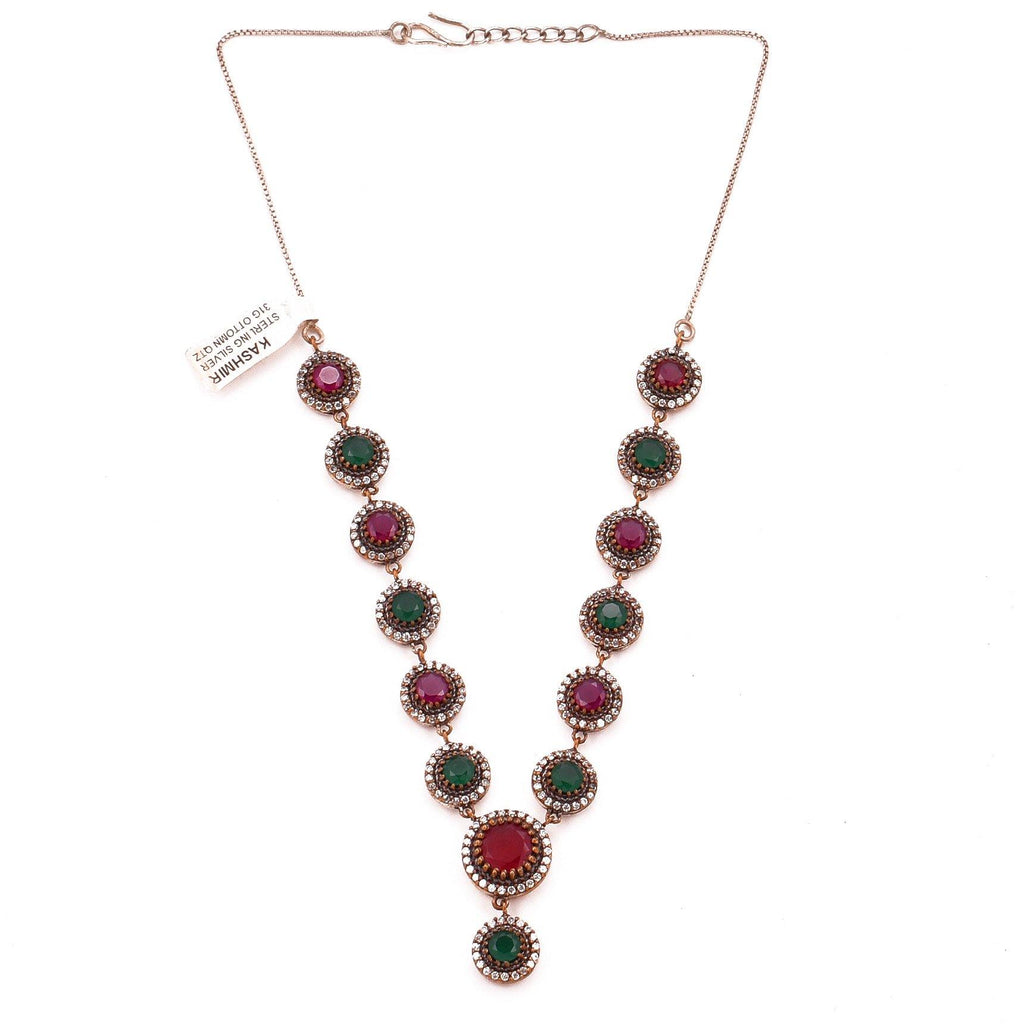 Red Green Quartz Ruby Y Necklace Round 925 Sterling Two Tone Silver Choker Necklace Collar Handcrafted - Kashmir Designs