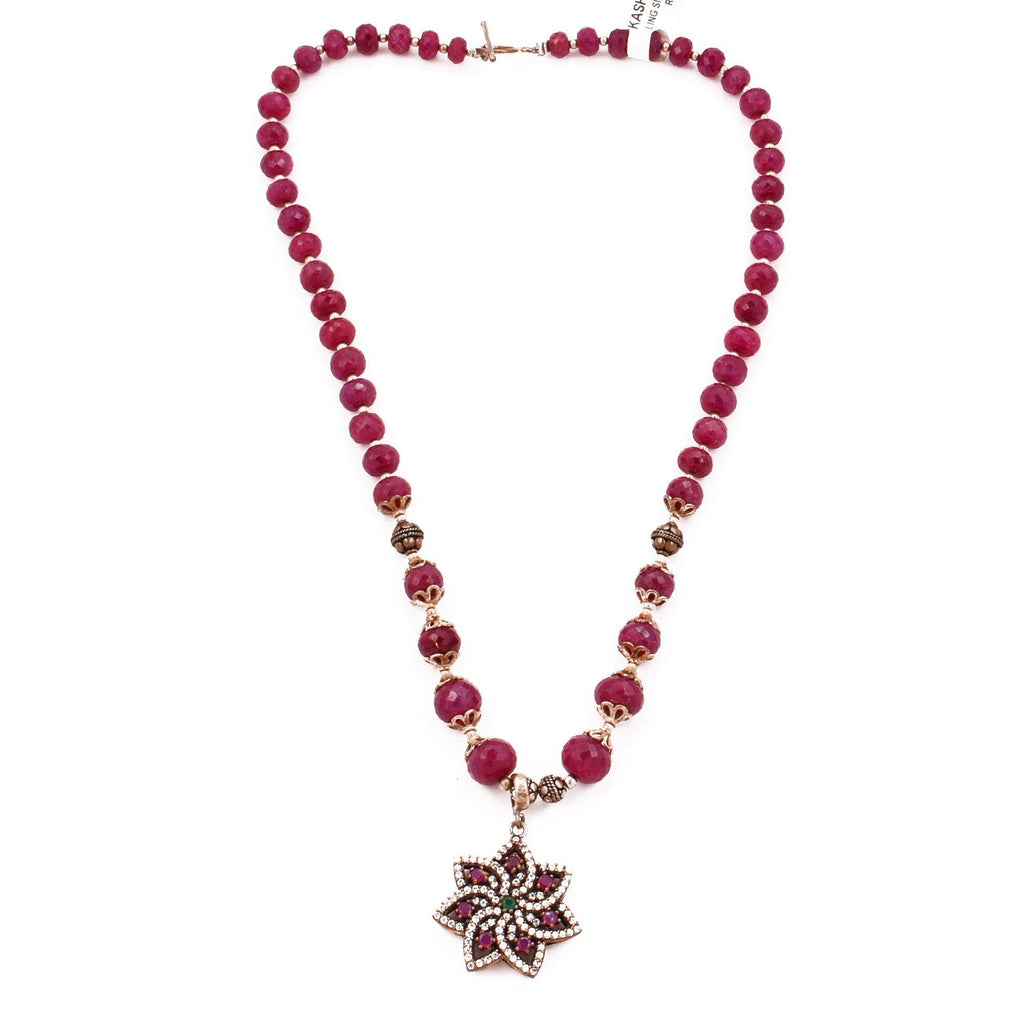 African Ruby Necklace Daisy Pendant 925 Sterling Silver Choker Necklace Collar Handcrafted - Kashmir Designs