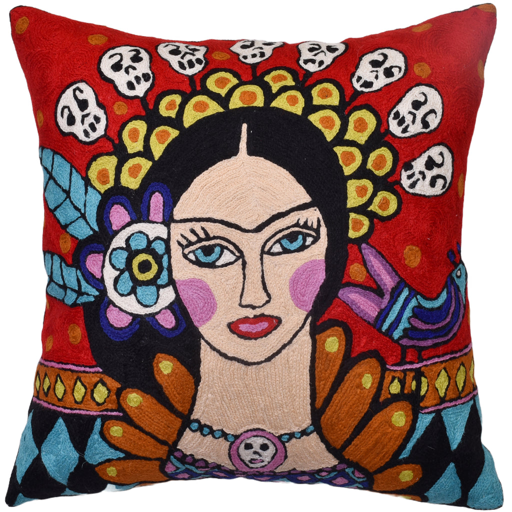 Frida Kahlo Inspired Pillow Cover Red Tiara Skull Mexican Art Pillowcase Boho Hispanic Pillows Cushions Hand embroidered Wool Size 18x18