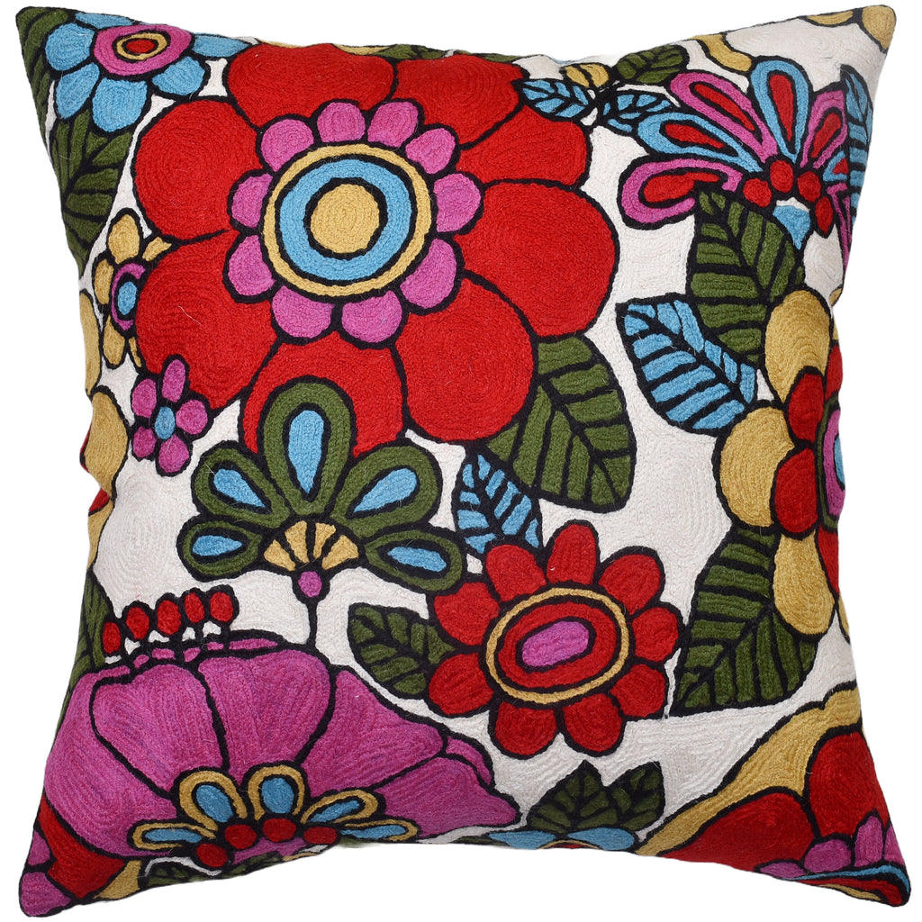 Retro Floral Pillow Cover Red Green | Floral Outdoor Pillows | Suzani Accent Pillowcase | Flower Accent Cushions | Floral Chair Cushion | Hand Embroidered Wool Size - 18x18