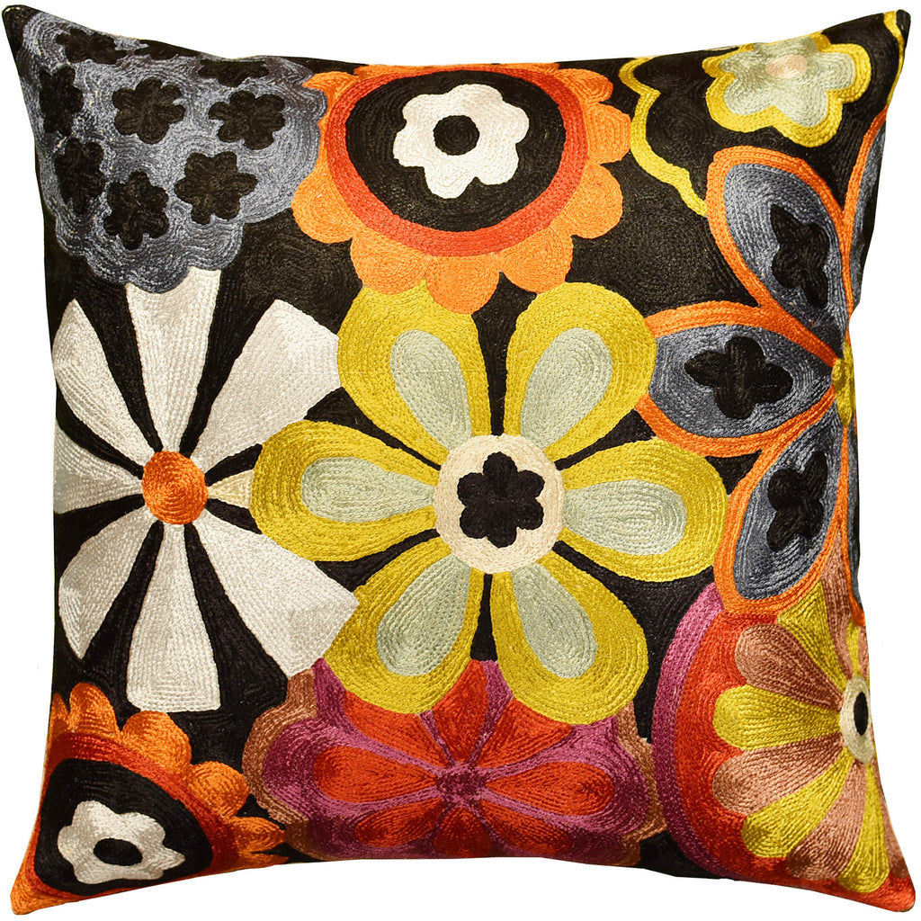 Suzani Daisy Bloom Decorative Pillow Cover Handembroidered Art Silk 18x18" - KashmirDesigns