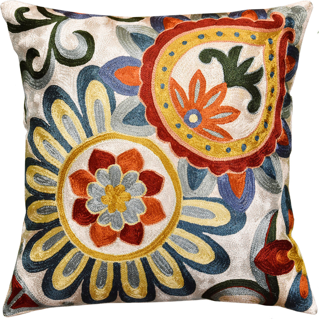 Suzani Daisy Elements Ivory Decorative Pillow Cover Handmade Art Silk 18x18" - KashmirDesigns