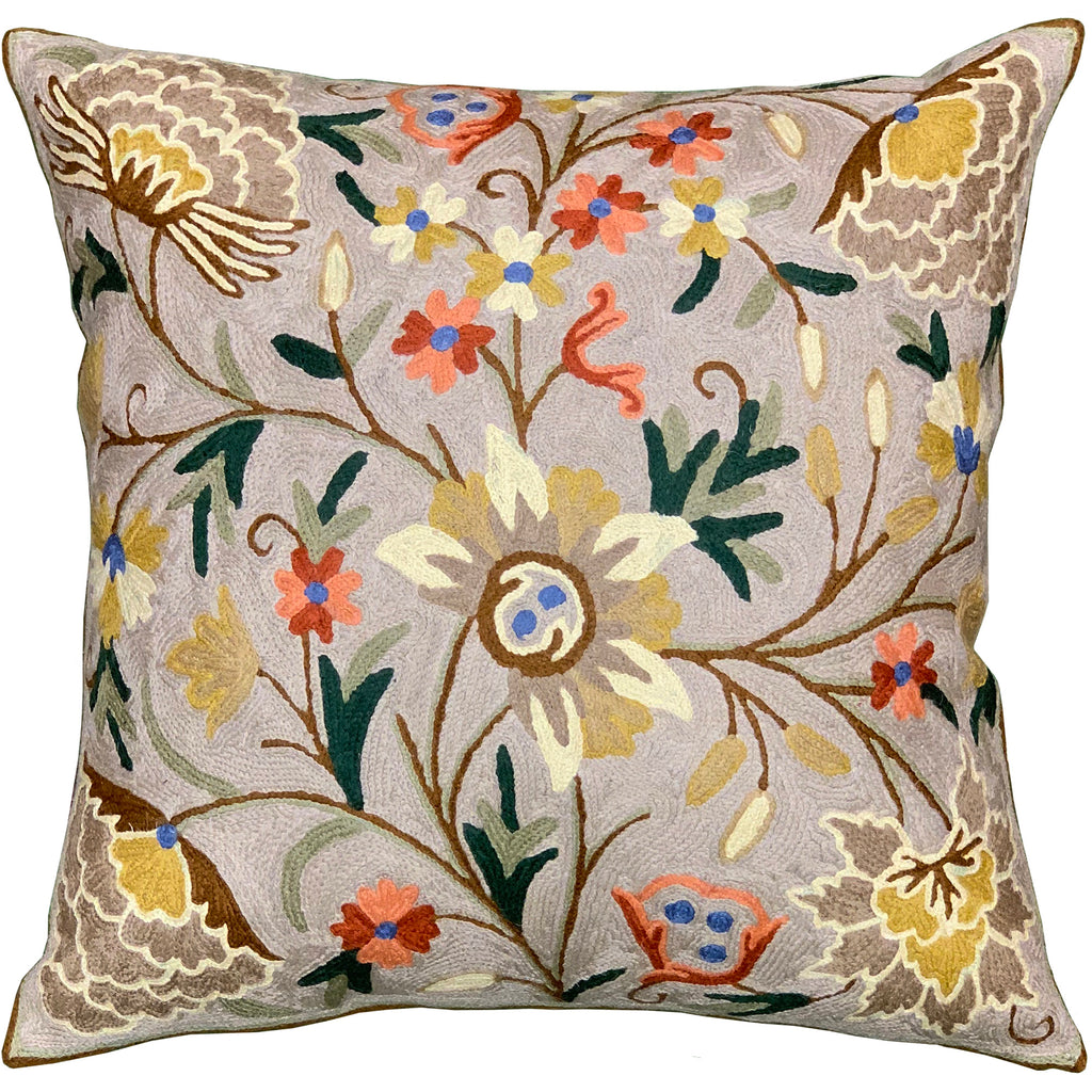 Suzani Pillow Cover Taupe Dahlia Decorative Floral Wool Hand embroidered 18x18" - KashmirDesigns