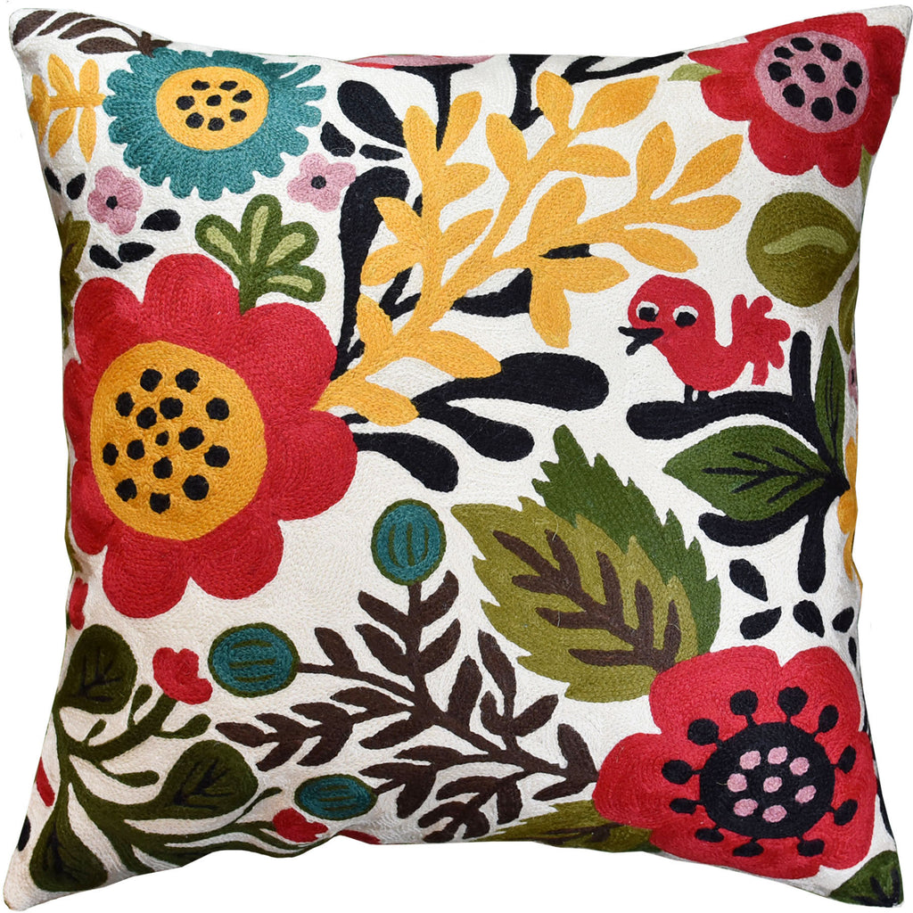 Suzani Red Bird Floral Bloom Decorative Pillow Cover Handembroidered Wool 18x18" - KashmirDesigns