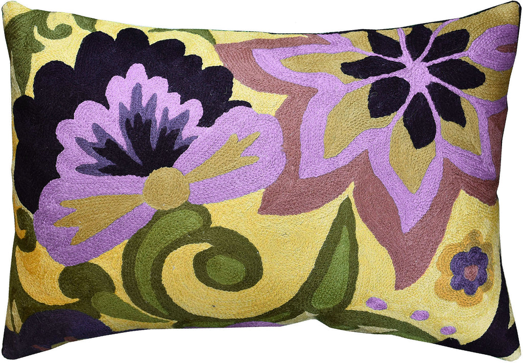 Lumbar Suzani Yellow Floral Decorative Pillow Cover Handembroidered Wool 14x20" - KashmirDesigns