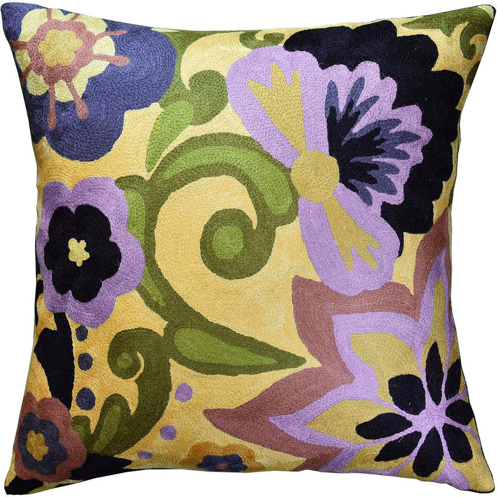 Suzani Floral Bloom Yellow  Decorative Pillow Cover Handembroidered Wool 18x18" - KashmirDesigns